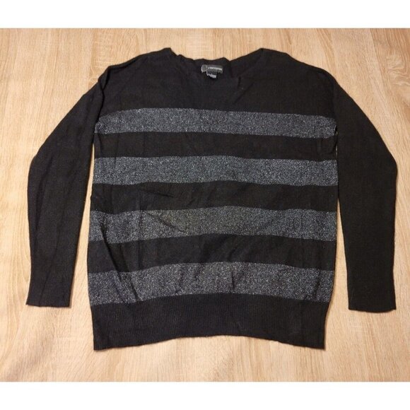 C By Bloomingdale's 95% Cashmere Black & Metallic Gray Striped Sweater Size L - Picture 1 of 6